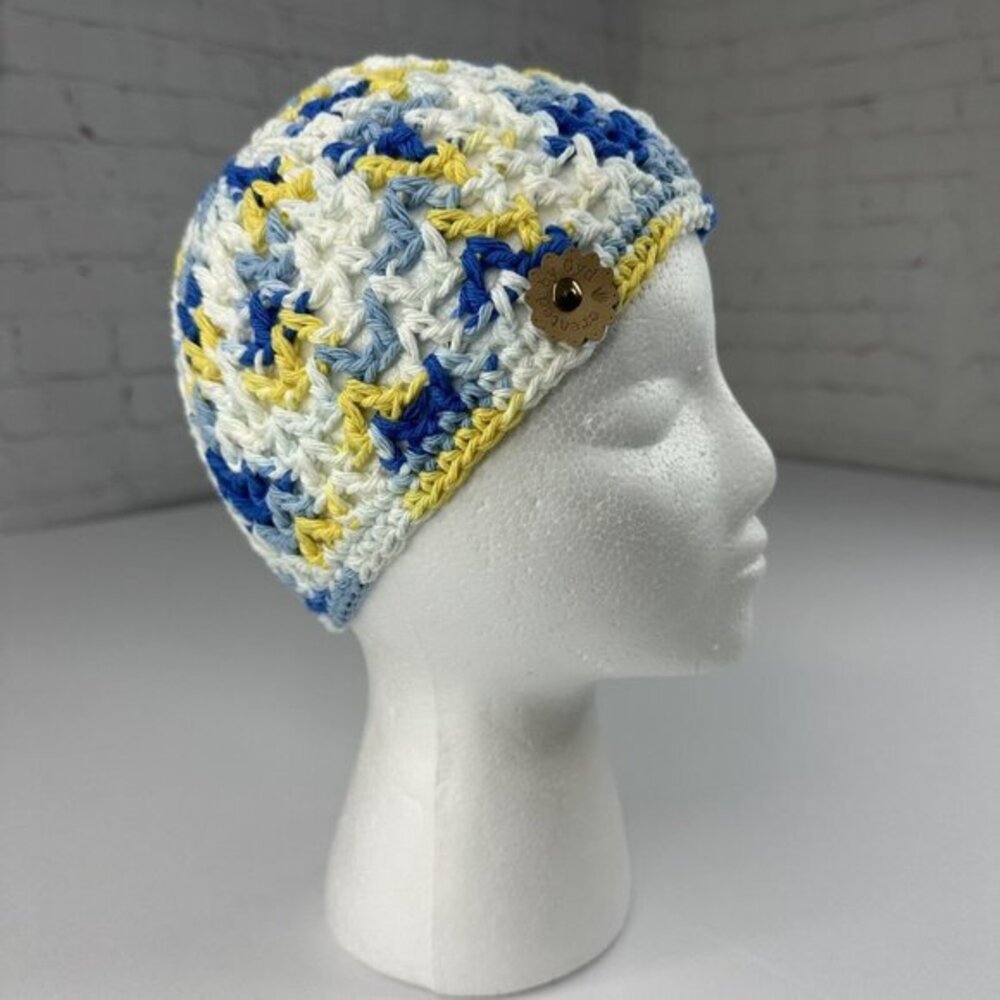 Created by Cyd Clem Crochet Beanie White Blue Cotton Boho Knit Skull Cap Hat NEW
